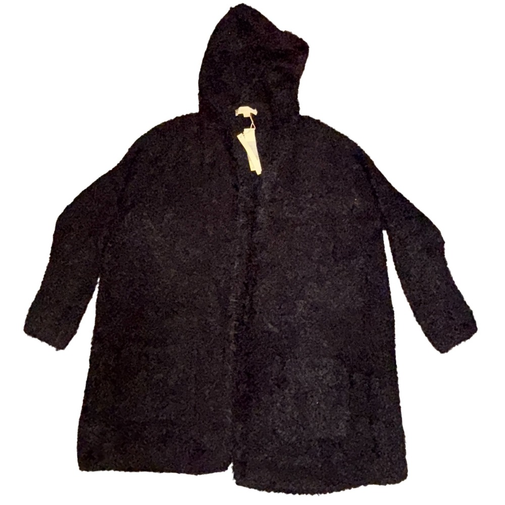 NWT Love Stitch Black Fuzzy Hooded Cardigan Sweater Open Front Size: L/XL